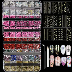 Nail Charms Nail Art Kit with 15 Sheets Gold Nail Stickers, 6 Boxes of Nail Gems Nail Art Tools Nail Rhinestones for Nails, Nail Supplies 3D Nail Charms and Gems Nail Decals Nail Pearls