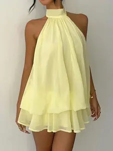 Chiffon Halter Backless Mini Dress Sexy Solid Beach Wear Vacation Holiday Ruffles Summer Dress Halter Strap Dress