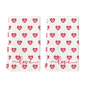 Beige Candy Floss Love Heart Valentine's Kitchen Towels Dish Towels, 18x26 Inch Anniversary Wedding Decoration Cleaning Set of 2