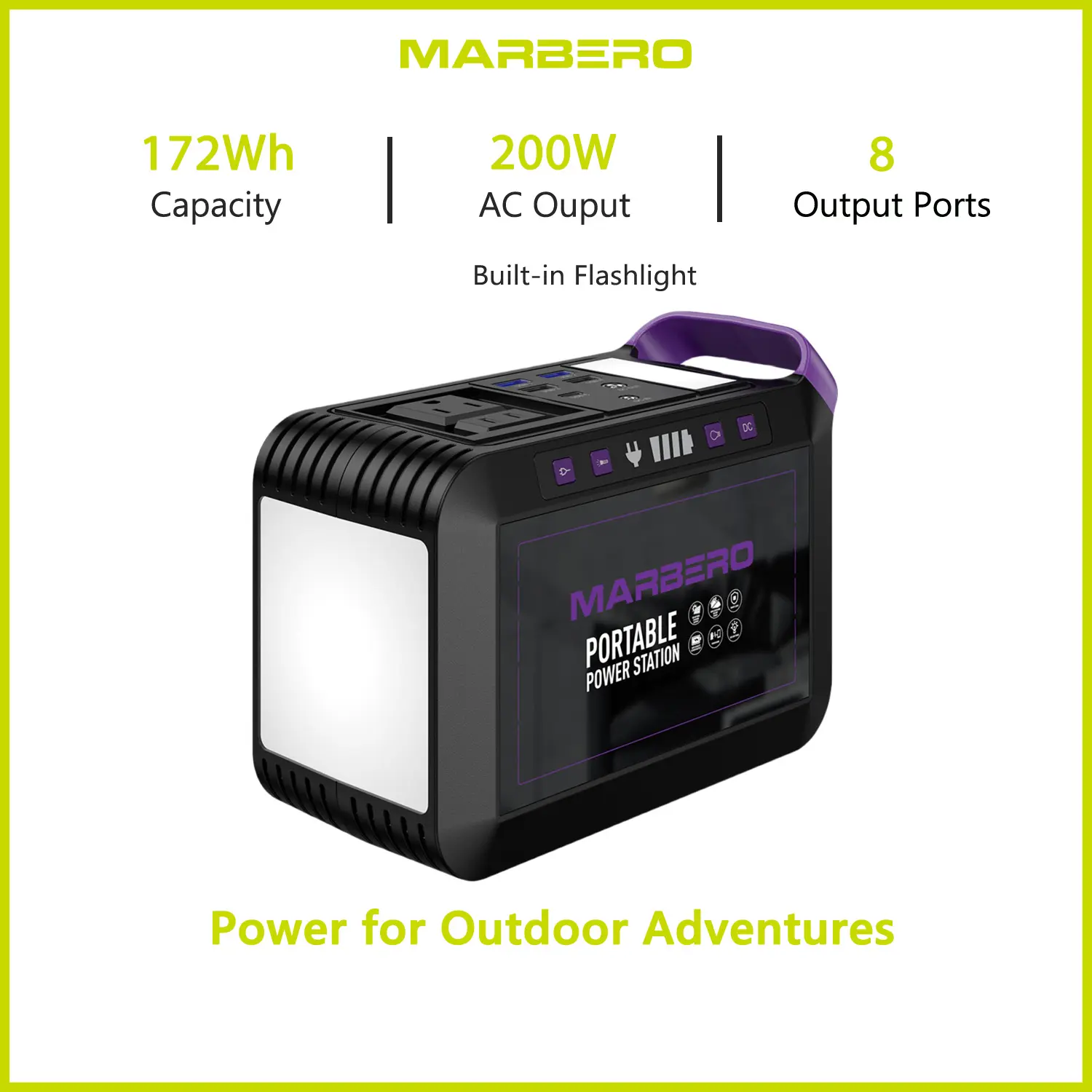 MARBERO 172Wh Portable Power Station with 2 x 200W AC Outlets(270W Surge) 8 Output Ports Built-in Flashlight for Home Camping Essentials Emergency