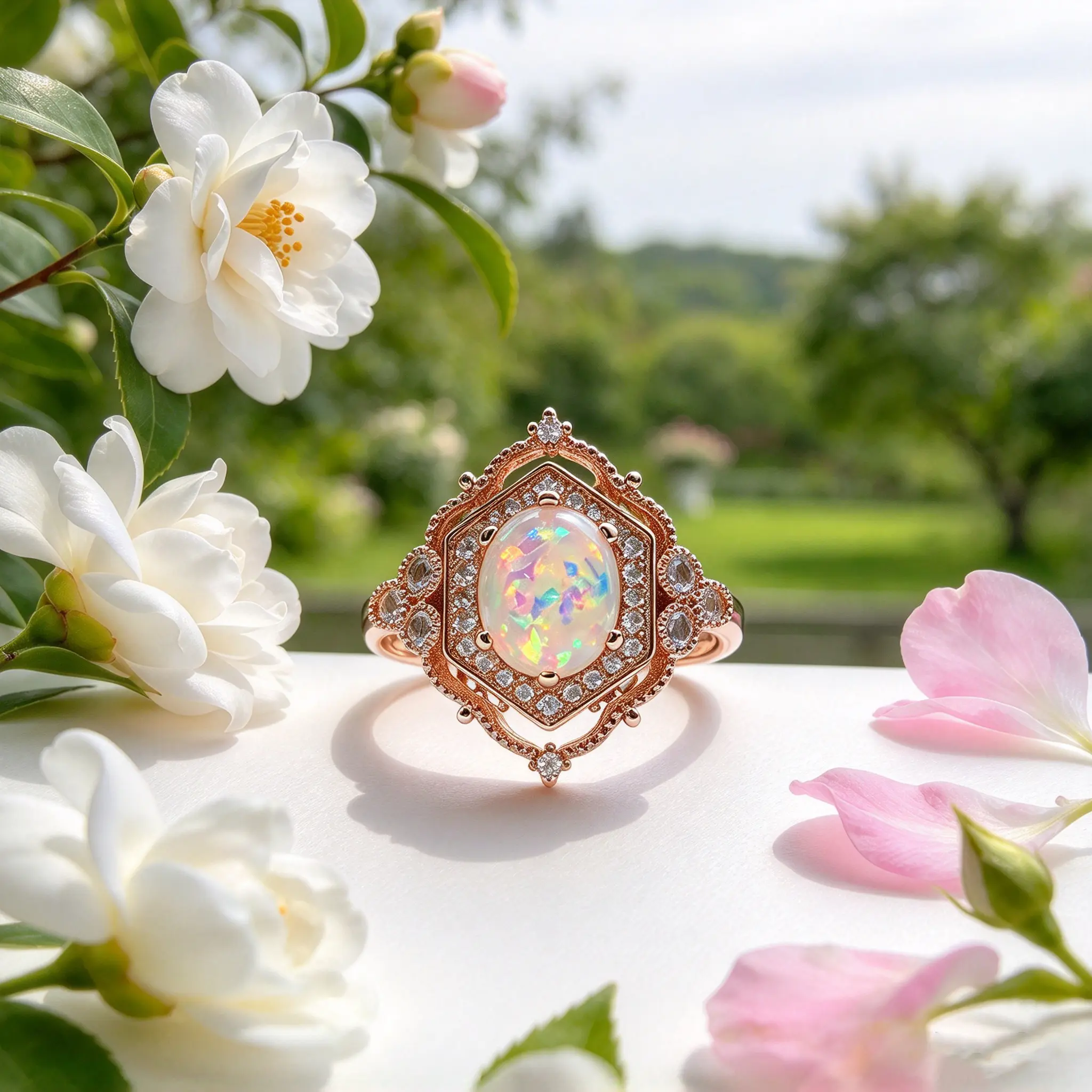 Victorian-style filigree ring, court-style openwork ring, oval synthetic opal, romantic engagement and bridal ring for women, anniversary gift ring