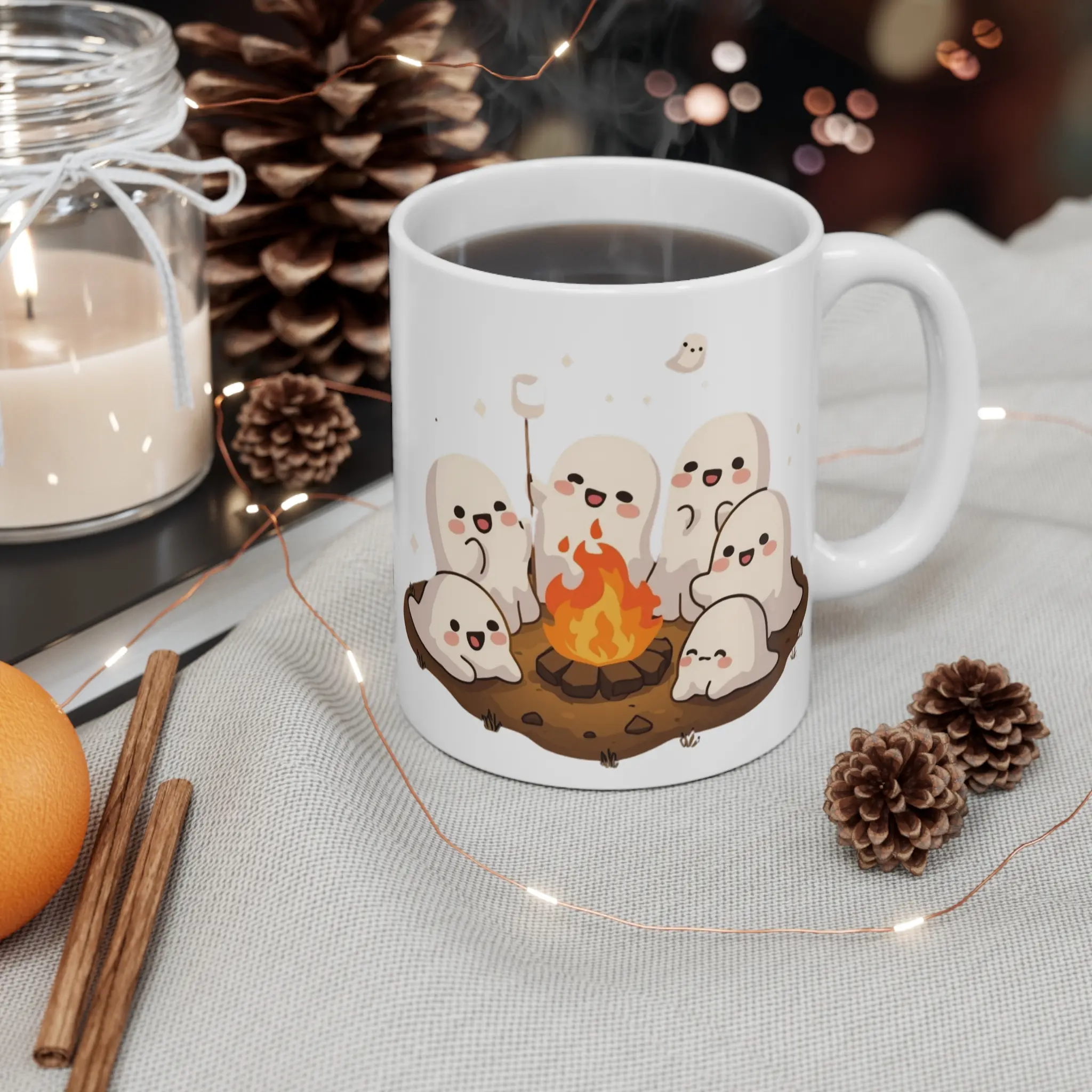 Cute Little Ghosts Roasting Marshmallows at Campfire Ceramic Mug Adorable