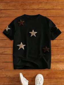Shining Stars Pattern T-Shirt, Loose Street Style, Streetwear, Gold/ Shiny Star Print Casual Top, Soft Cotton Unisex Summer Shirt