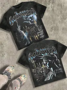 Godspeed Statue of Liberty 3035 Vintage Washed Cotton Graphic T-Shirt, Y2K Streetwear, NYC Night Skyline Print, Oversized Unisex Tee for Hip Hop, Casual Daily, Street Style, TikTok Trend, Man, Breathable Cotton