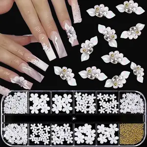 Nail Art Charms 3D Flower Nail Charms for Acrylic White Gold Supplies Luxurious Gems Rhinestones Pearls Design Nail Accessories for Women and Girls Decorations.