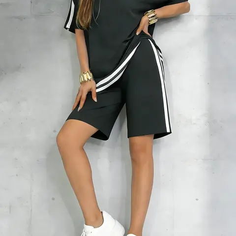 Women's Casual Sportswear Set, Pure Color Round Neck Short Sleeve T-Shirt, Split Hem Top and Striped Shorts, Spring Summer Two-Piece Suit, Yoga Gym Outfits, Athleisure Activewear Set, Athleisure Activewear Clothing