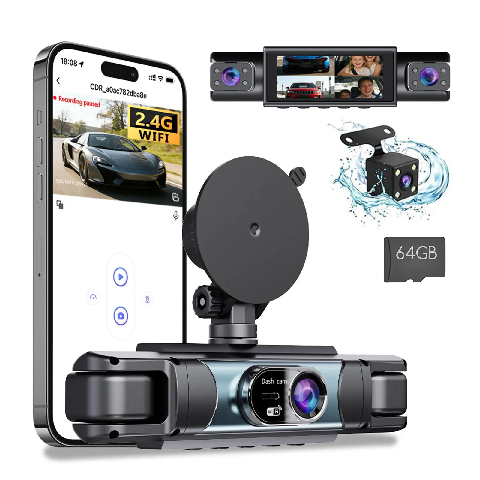 4 Channel  Car Dash Cam,HD Car DVR with 64GB Memory Card，Car Video Surveillance with Night Vision，24/7Parking Mode Car DVR Hd Screen Front Rear Left And Right dashcam