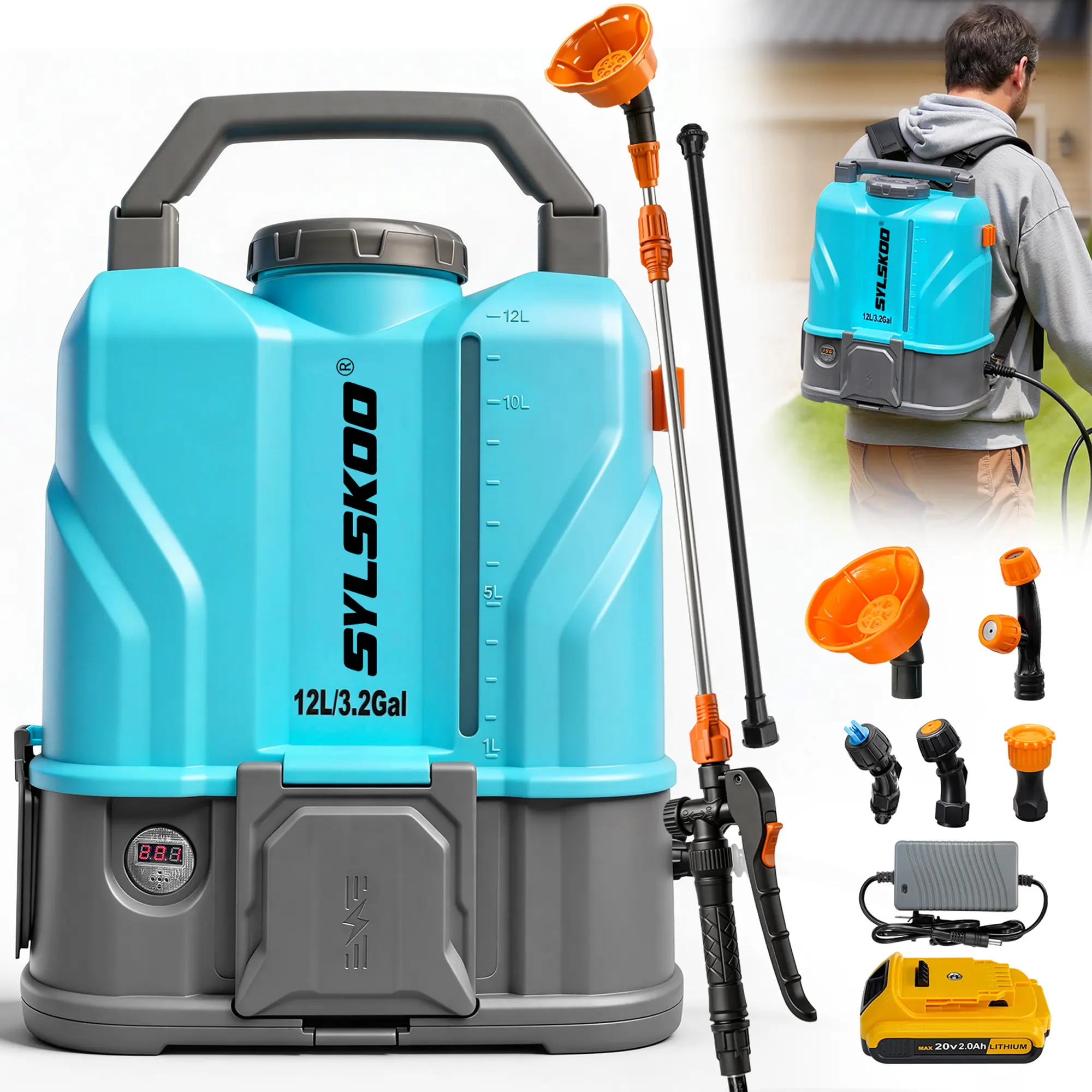 3.2 Gallon Battery Powered Backpack Sprayer, 100 PSI Electric Sprayer Compatible with DeW 20V Battery, Max 0.9 GPM, 5 Nozzles & 2 Wands for Lawn, Weed & Pest Control