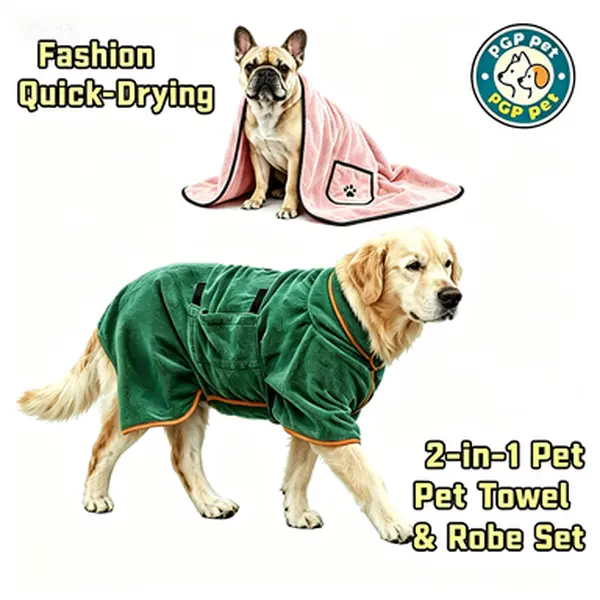 Pet Drying Bath Robe & Absorbent Towel Set, Microfiber Quick Dry Dog Bathrobe with Pocket, Super Water Absorbing Pet Bath Towel for Dogs Cats, Puppy Grooming Shower Swimming Bath Accessories