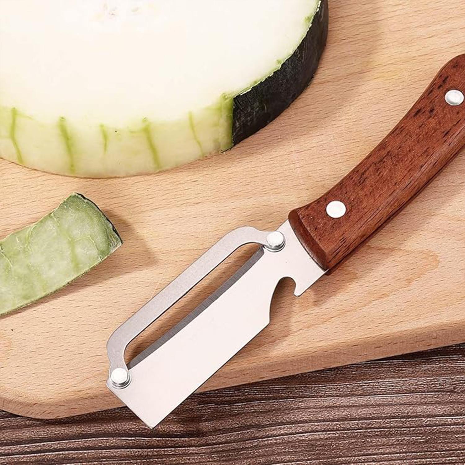 2-in-1 Stainless Steel Fruit & Veggie Peeler with Bottle Opener, Wooden Handle Non-Slip Ergonomic Grip, Sharp Durable Peeler for Kitchen Vegetable Fruit Peeling