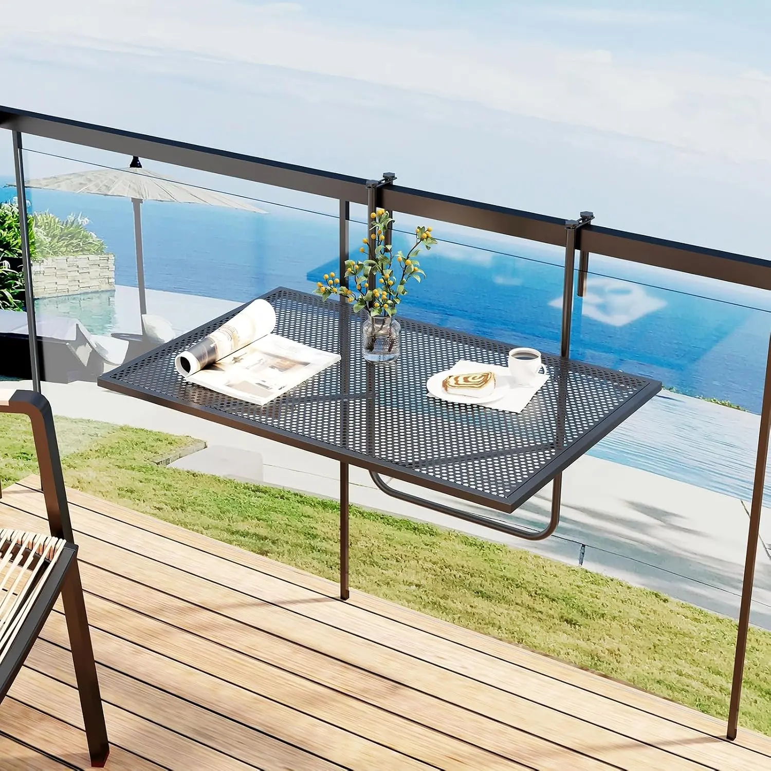 Vallmore Folding Railing Hanging Table with Metal Frame, Space-Saving Bar Serving Table Fits Railings Up to 2.4” Thick