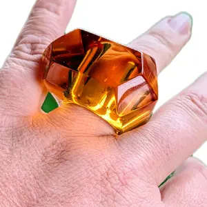 The Mega Amber Statement  Iceberg Statement Ring Handcrafted Epoxy Resin XL Faceted Clear Power Ring Size USA 9.5 European 19.5 Unique Design Natural Resin Inclusions
