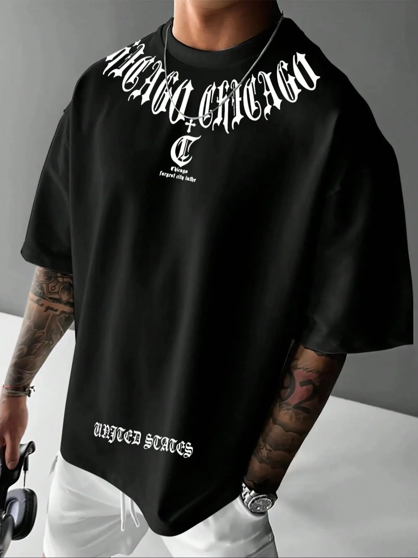 Chicago Gothic Font Graphic Short Sleeve Tee, Oversized Fit Casual Style for Men and Women, Trendy Fashion Streetwear Summer Essential