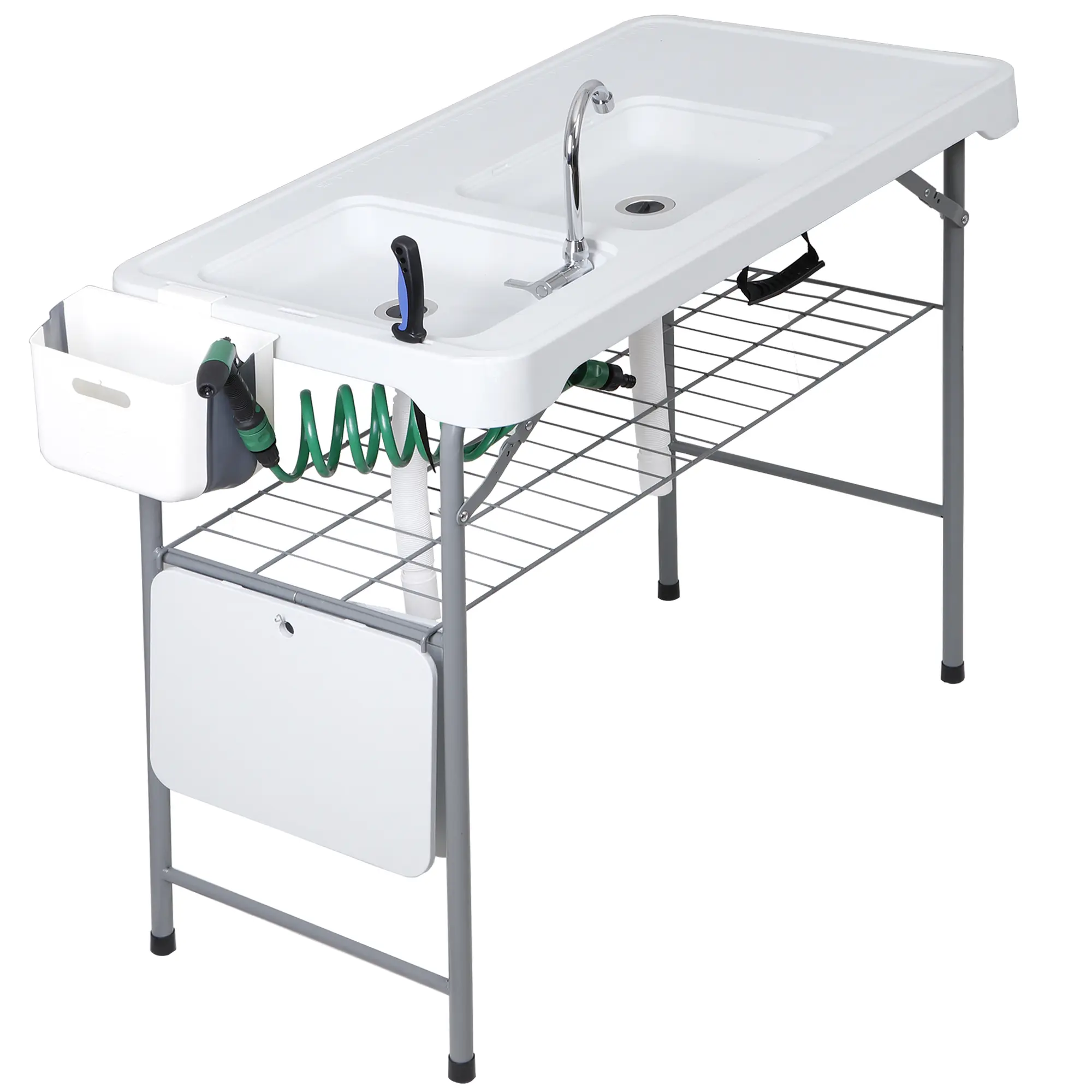 Answer E Rectangular Folding Fish Cleaning Table with Double Sinks, Faucet, Spray Nozzle, Knife Slots, Storage Rack, Metal Legs, 600lbs Capacity - Easy Fold-Up Portable Table, Multi-Functional Outdoor Workstation for Camping, Backyard BBQ