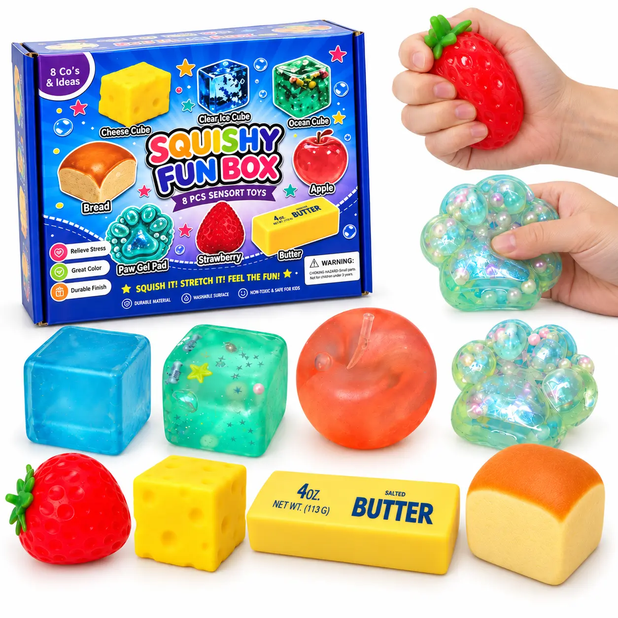 8-Piece Squishy Toy Set, Squishy Gift Box, Fruit Squishies, Mixed Textures, Sensory Fidget Toys for Teens & Adults, multiple style Gifts for Squishy Lovers, Butter, Bread, Cheese & Cat Paw Shapes, Birthday Gifts