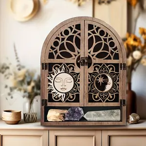 Vintage Wooden Floating Shelves With Sun And Moon Design Wall Hanging Storage For Crystals Nail Polish Essential Oils Celestial-Themed Display With 4 Shelves