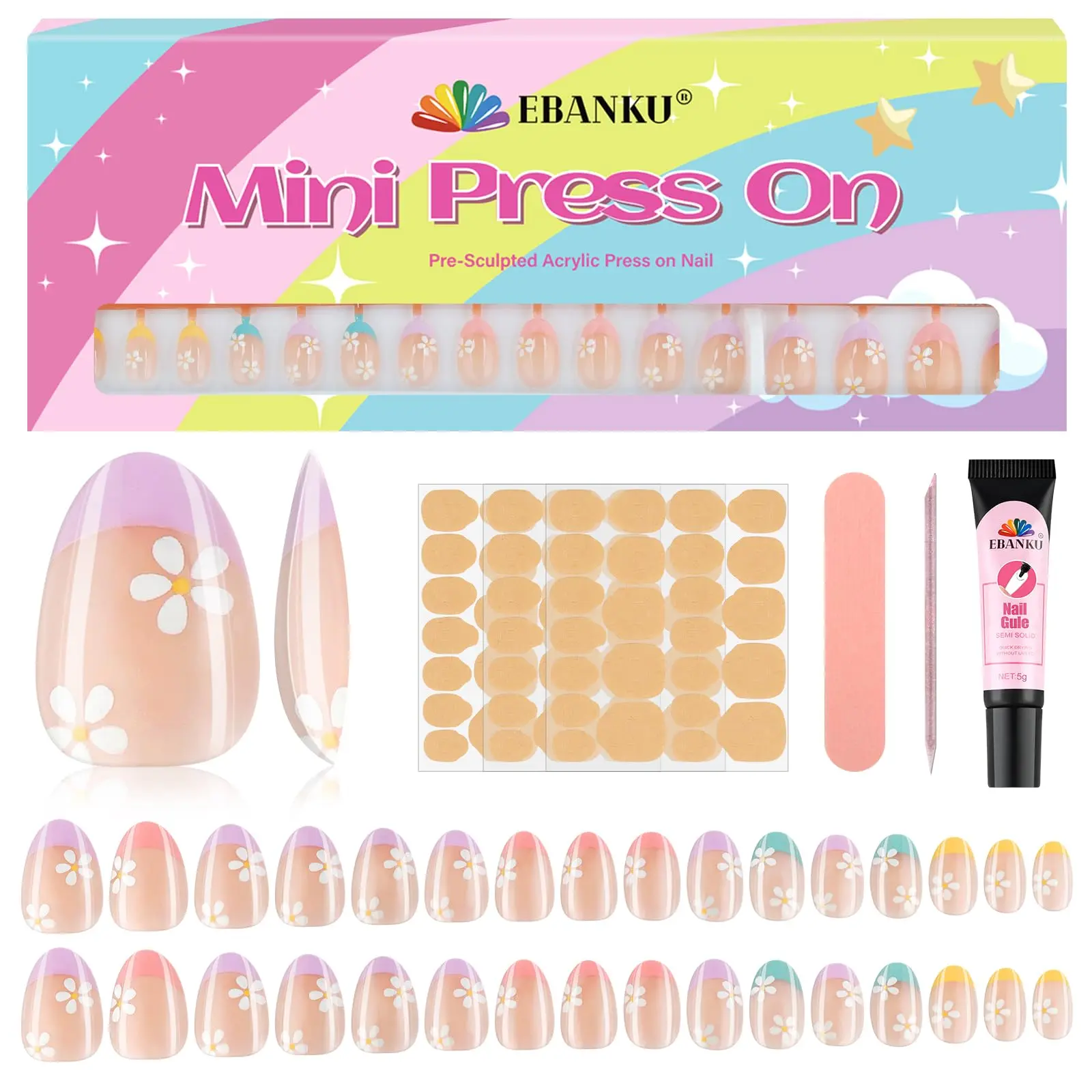 16 Sizes 32 Pieces Press on Nails for Kids, Full Sizes Kids Nail Kit Flower Almond Fake Nail Tips for Girls with Jelly Nail Adhesives & Nail Glue Easter Gifts