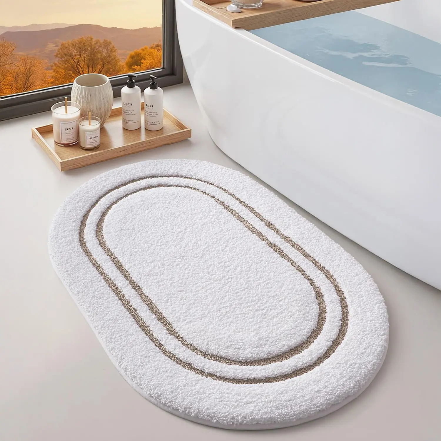 DEXI Classic Oval Nonslip Bathroom Rug - 24x36in Absorbent Microfiber Bathtub Mat with Rubber Backing, Anti-Slip Grip, Microfiber Leather Accent, Easy Machine Cleaning for Shower Floor, Beige Home Supplies, Nonslip Bathroom Rugs, Bathtub Mat Non Slip, Eas
