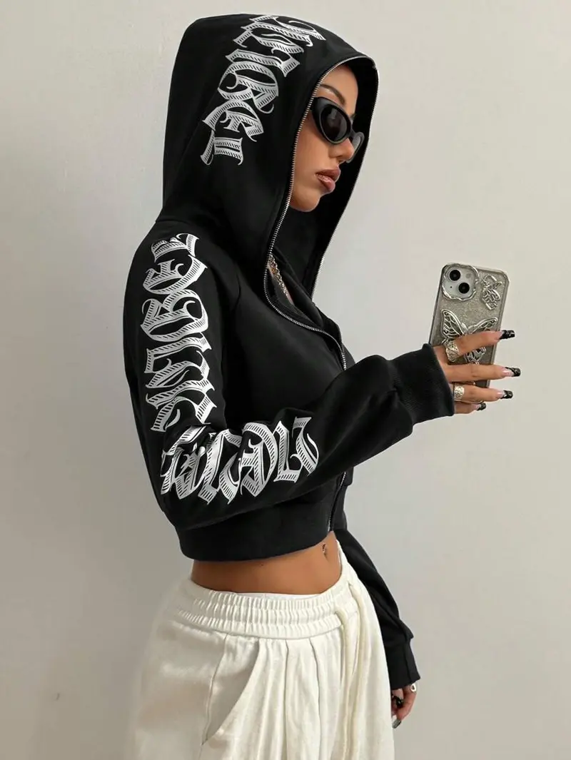 Gothic Streetwear Zip Up Hoodie for Women . Red Cropped Hoodie with Bold Letter Embroidery . Trendy Urban Style .Y2K Aesthetic Hooded Jacket . Baddie Fashion Statement Outfit