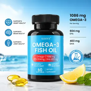 KOOVS Edible Fish Oil Softgels - 1088mg, 60 Softcaps, Healthcare Dietary Supplement with Essential Fatty Acids for Heart Health and Brain Support