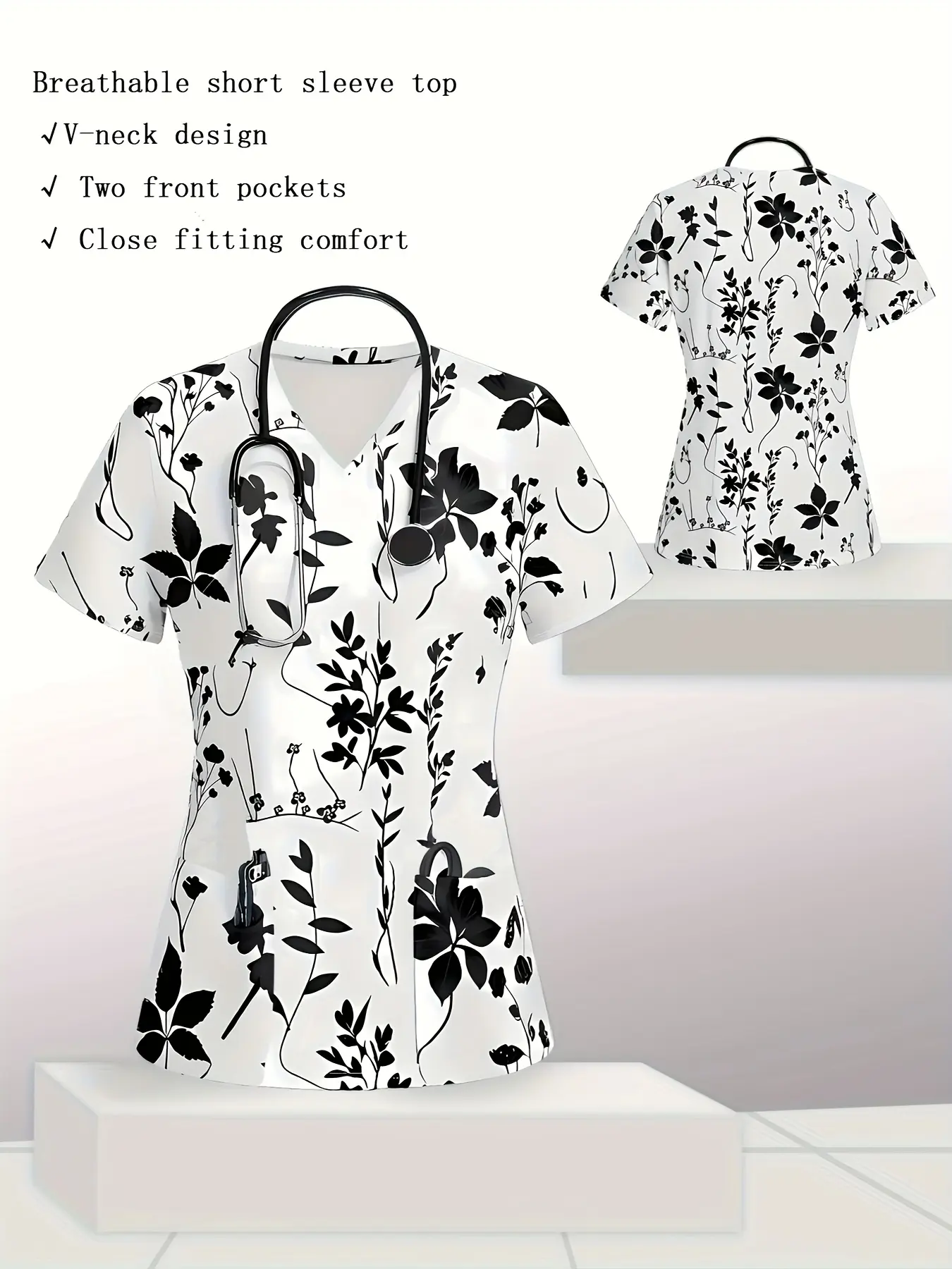 Simple Casual Style 2026 New Daily Casual Sliky Fiber Fabric Plant Print Digital Print Short Sleeve V-Neck Nurse Uniform Comfortable