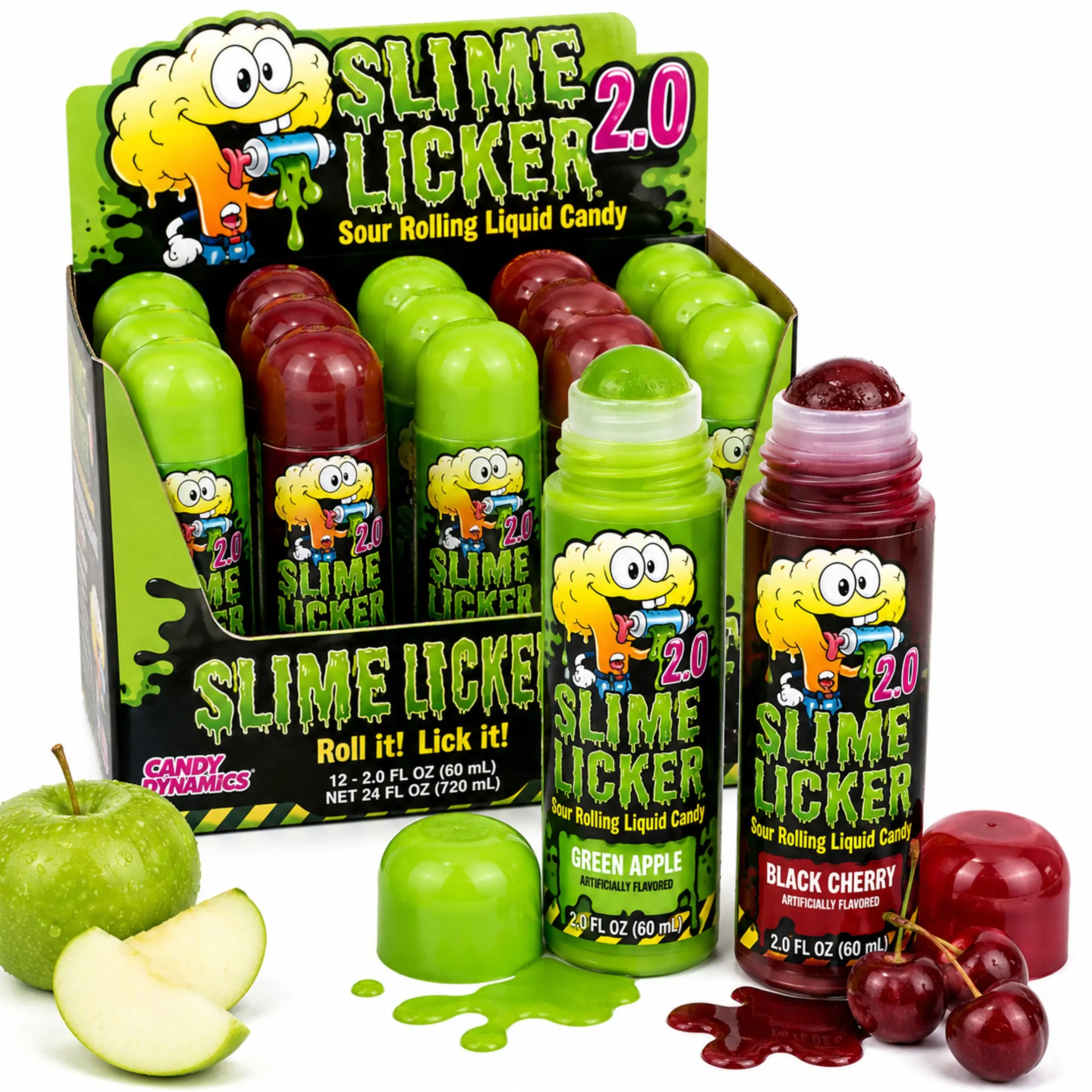 Slime Licker 2.0 Sour Rolling Candy Green Apple & Black Cherry 12 Pc New