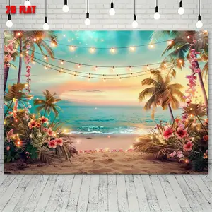 2D flat banner Hawaiian Luau Party Backdrop - 1pc Tropical Flower & Palm Beach Scene, Polyester, Perfect for Indoor/Outdoor Celebrations, Photo Booth Prop