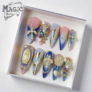 MAGIC NAILS ​ ​ ​ 'Sacred Lady' Vintage Press on Nails - Long Stiletto Shape with Snake Skin Marble Design, Luxury Heavy Duty Handmade Artificial Nails for Fall