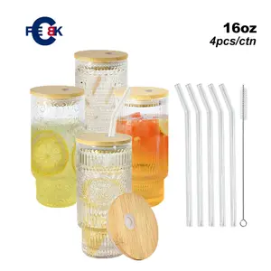 FECBK 4pcs/set 16oz Drinking Glasses Cups Set with Bamboo Lids Straws Brush 4 styles Vintage Glassware Set for Juice Iced Coffee Beer Cocktail Whiskey Suitable for parties