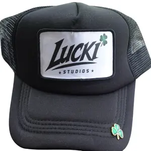 LUCKI Studios Black Trucker Hat with Lucky Clover Patch and Logo Design