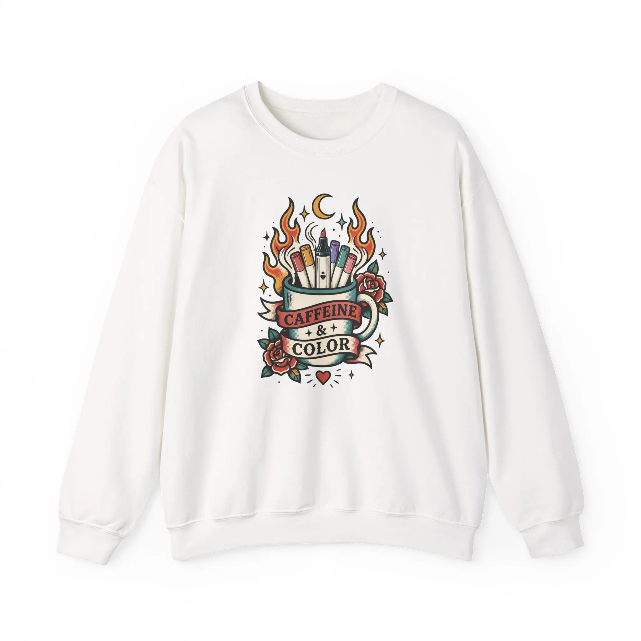 Caffeine & Color Crewneck Sweatshirt | Adult Coloring Sweatshirt | Coffee & Marker Lover Shirt | Vintage Tattoo Colorist Gift | Gildan Heavy Blend