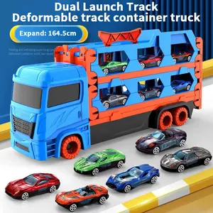 Truck Toys Car Track Set, Foldable 3 Layer Track Playset, Carrier Truck Transporter Car Race Track with 6 Die-Cast Racing Car Toys, Perfect Birthday Gifts for Kids