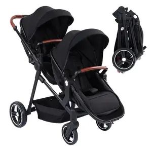 Double Stroller Track Tandem Stroller for Infant and Toddler, Foldable Pushchair Bassinet Pram, Multi-Position Reversible & Adjustable Backrest, Large Storage Basket and Canopy