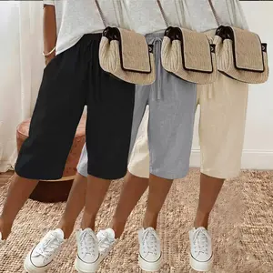 Women’s 3-pack ultra-comfortable pants featuring Lyocell linen weave, side pockets, casual seven-eighths length, drawstring elastic waistband, soft fabric with a drapey hem—perfect for vacations and everyday wear; summer essential.