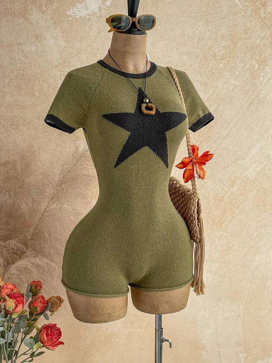 Lumina x Soleia Women's Casual Summer Army Green Jumpsuit,Star Print Backless Crochet Romper,Boho Vacation Style For Beach,City Break,Cruise,Music Festival,Party