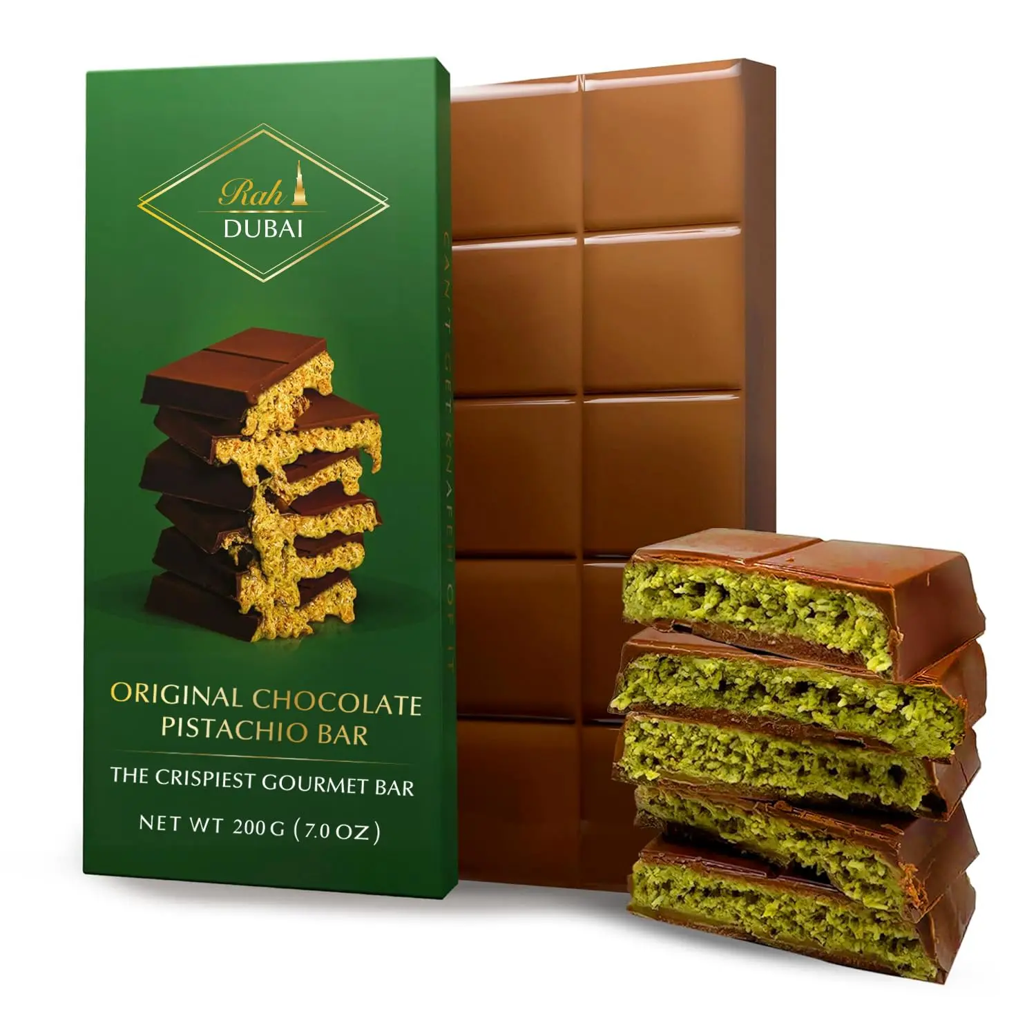 Rah Dubai Pistachio Knafeh Chocolate Bar 7oz (200g) – Crunchy Kataifi Shredded Phyllo Dessert with Pistachio Cream Filling, Rich Dubai-Style Chocolate Candy Bar, Crispy Layered Texture, Shareable Gourmet Sweet Treat for Gifting & Dessert Lovers