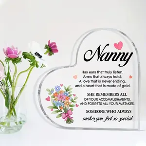[2D Flat] Nanny Heart Sign Acrylic Plaque Decor - Vintage-Inspired Nanny Gift with Heart-Shaped Design, "Nanny" Text & Floral Accents, Perfect for Birthday, Nanny Gifts