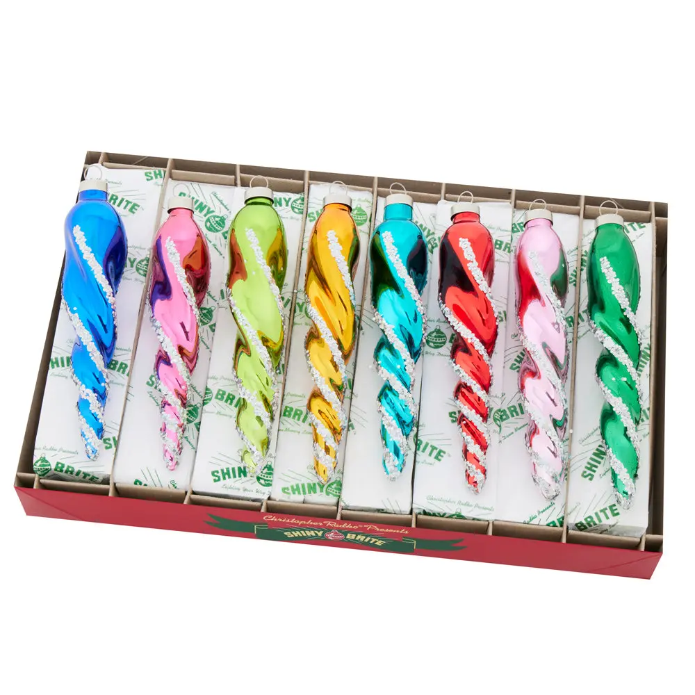 Christmas Glass Icicle Festive Ornaments, 8-Count 6" Decor for Christmas Tree, Holiday Decorations, Christmas Decorations