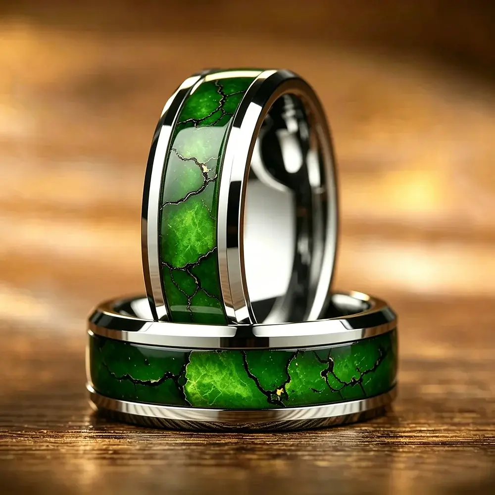 Fashion Men's Stainless Steel Rings Artificial Green Agate Stone Inlay Jewelry Suitable for Daily Wear, Gift for Him Non-Fade