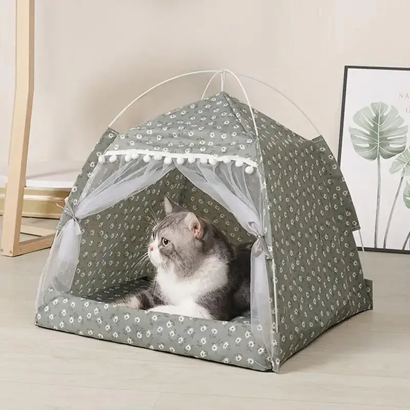 Floral Print Foldable Canopy Tent Cat Bed, Cute Dog House Pop Up Tent for Small Puppies and Kittens, Folding Cat House for Indoor Outdoor Sleeping