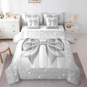 Bowknot Comforter Set 7 Pieces Dreamy Princess Bedding Set for Kids Boys Girls Glitter Bed in a Bag with Comforter,Sheets,Pillowcases,Cushion Covers Cute Bow Quilted Soft