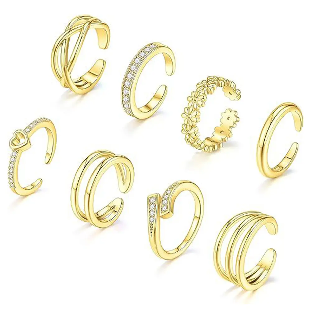 8 Pcs Toe Rings for Women Toe Ring 14k gold plated Non Tarnish Simple Open Adjustable Band Toe Rings Set Beach Foot Toe Ring for Summer