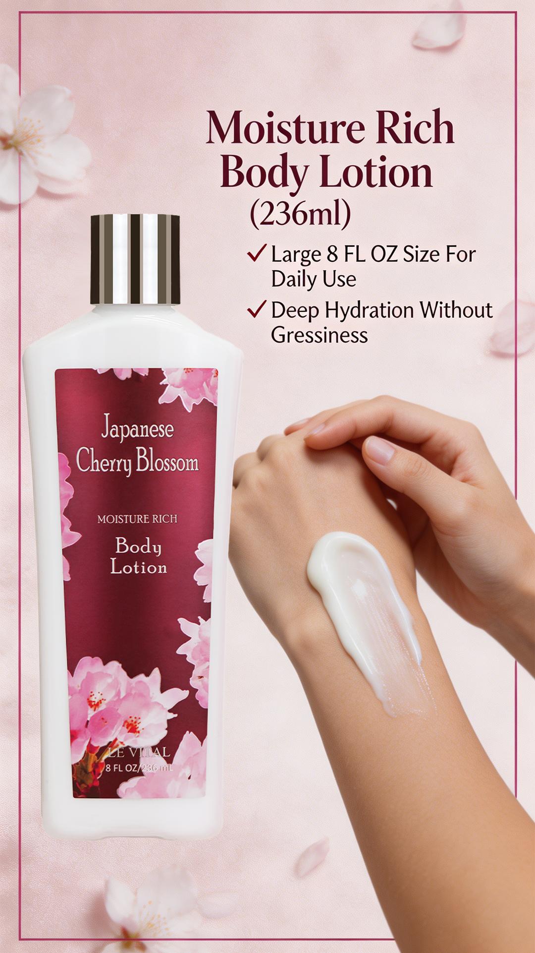 Vital Luxury Cherry Blossom Scented Bath Travel Set | 3oz Body Lotion, 3oz Body Mist | Rich Lather, All-Day Freshness, Moisturizing & Revitalizing | Ideal Gift for Mom, Wife, Sister & Girlfriend! Moisturize