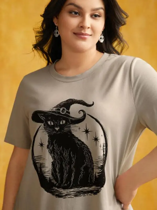 BLOOMCHIC Halloween Cat Print Fitted Crew Neck T-shirt - Casual Short Sleeve Summer Top for Women Fit Top Womenswear Tshirt Streetwear Summer Casual Rust,Summerfinds