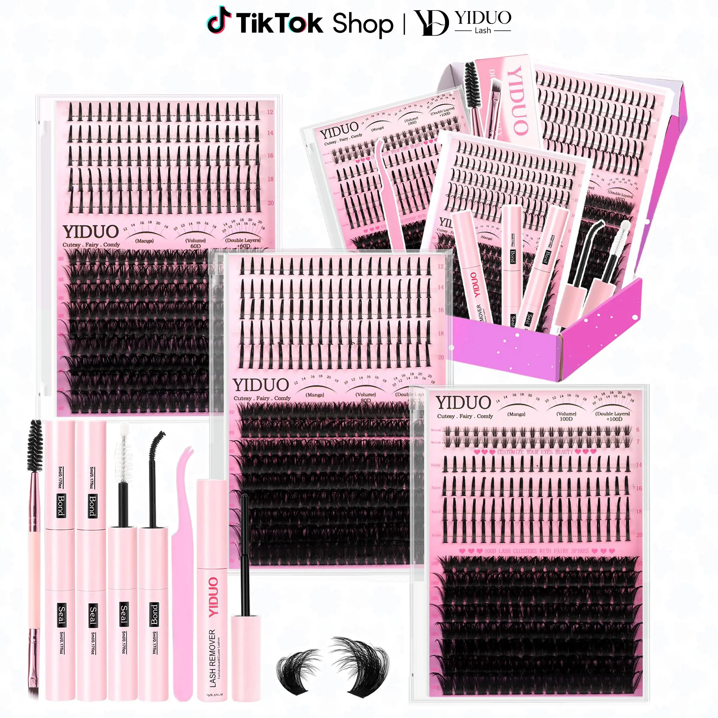 YIDUO D-Curl 0.07mm Dense Synthetic Hair Lash Clusters Kit, 816Pcs Bulk Pack with Spikes & Bottom Eyelash Extensions, 2X Bond&Seal, Beginner-Friendly Wispy Lash Detail Cosmetic Makeup Products for Adults, Wholesale Gift