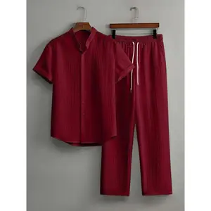 Men's casual solid color textured short sleeved shirt and elastic straight leg pants set, autumn and winter two-piece setRAIMENTRY