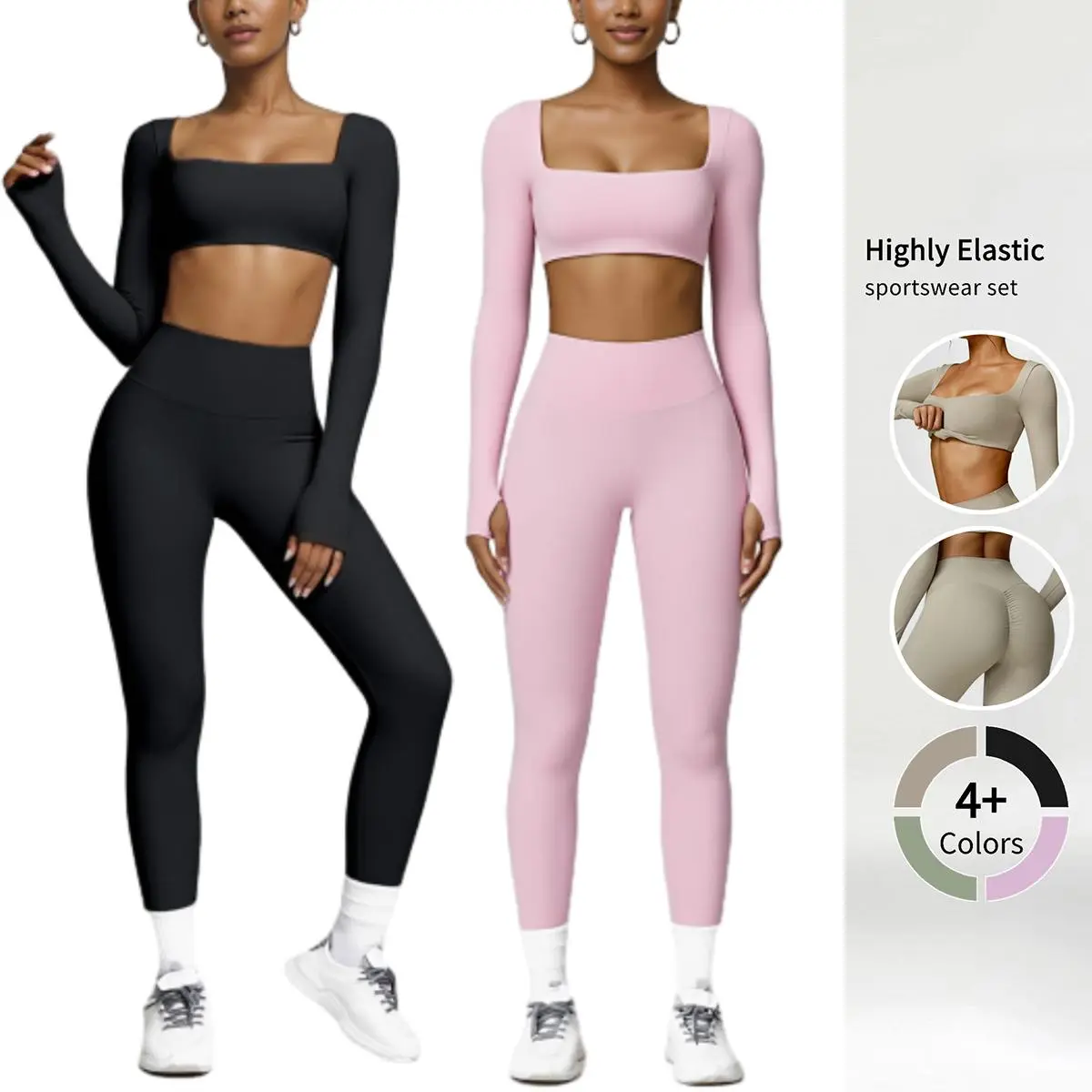 Women's 2-Piece Workout Set - Long Sleeve Crop Top & High Waist Leggings, Gym OOTD, Womens Fitness Outfit Inspiration, Workout Outfit Inspo, Comfortable Fit, Durable Construction, Fullrange Motion Sporty Clothes
