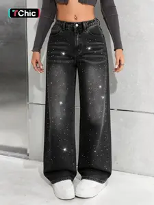 Women's Elegant Rhinestone Wide Leg Jeans, Comfortable High Waist Denim Jeans, Fashion Washed Jeans for All Seasons