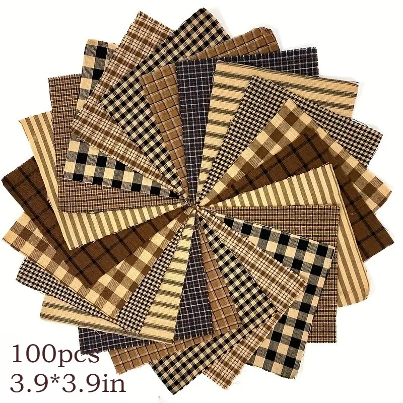 100pcs 10*10cm (3.9*3.9in) Brown-Black Checkered Theme Series, Printed Handmade Patchwork Fabric, Handmade Patchwork, Patchwork Strips DIY Assembly Craft Materials, Includes Assorted Patterned Patchwork Sets, Pre-cut DIY Handmade Doll Clothing