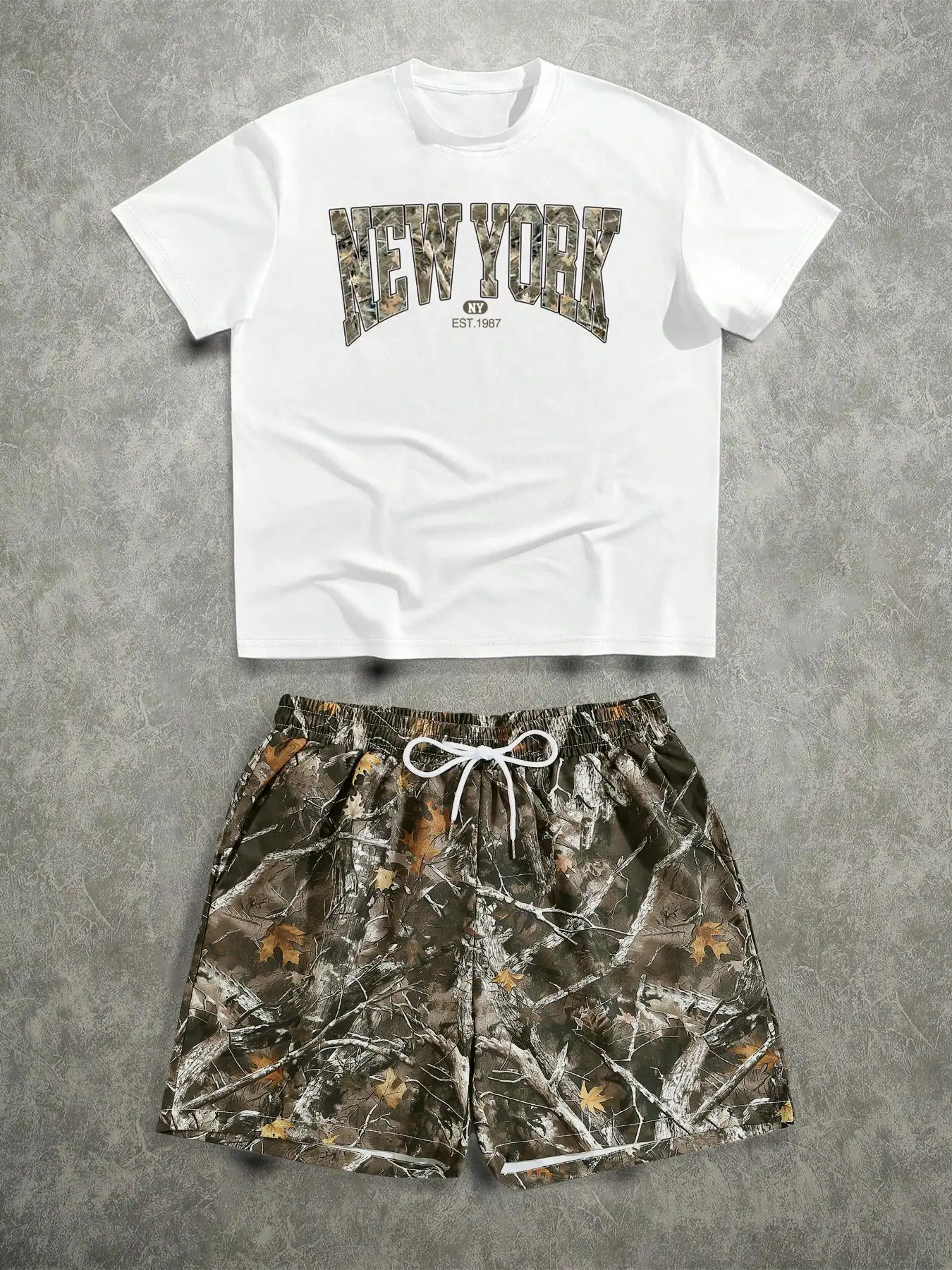 Men's Regular Fit Tree & Letter Print Short Sleeve Tee & Camo Print Shorts Two-piece Set, Casual Classic Round Neck T-shirt & Shorts, Men's Two-piece Outfits for Summer Menswear Clothes, Camouflage Shorts Set Outfit Sets